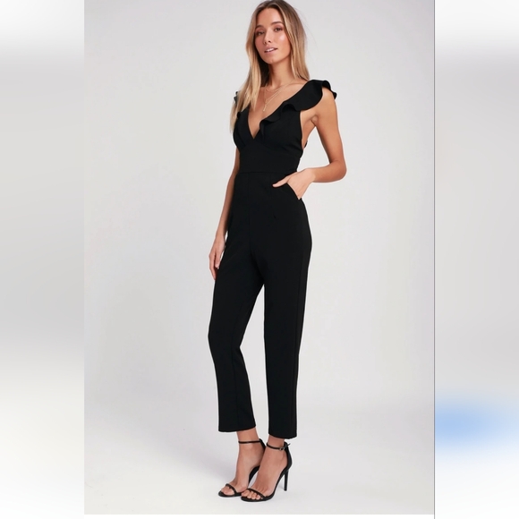 Lulus Pants - 🖤 Lulu's Leilani Black Ruffled Jumpsuit Romper New Years Eve Business Formal